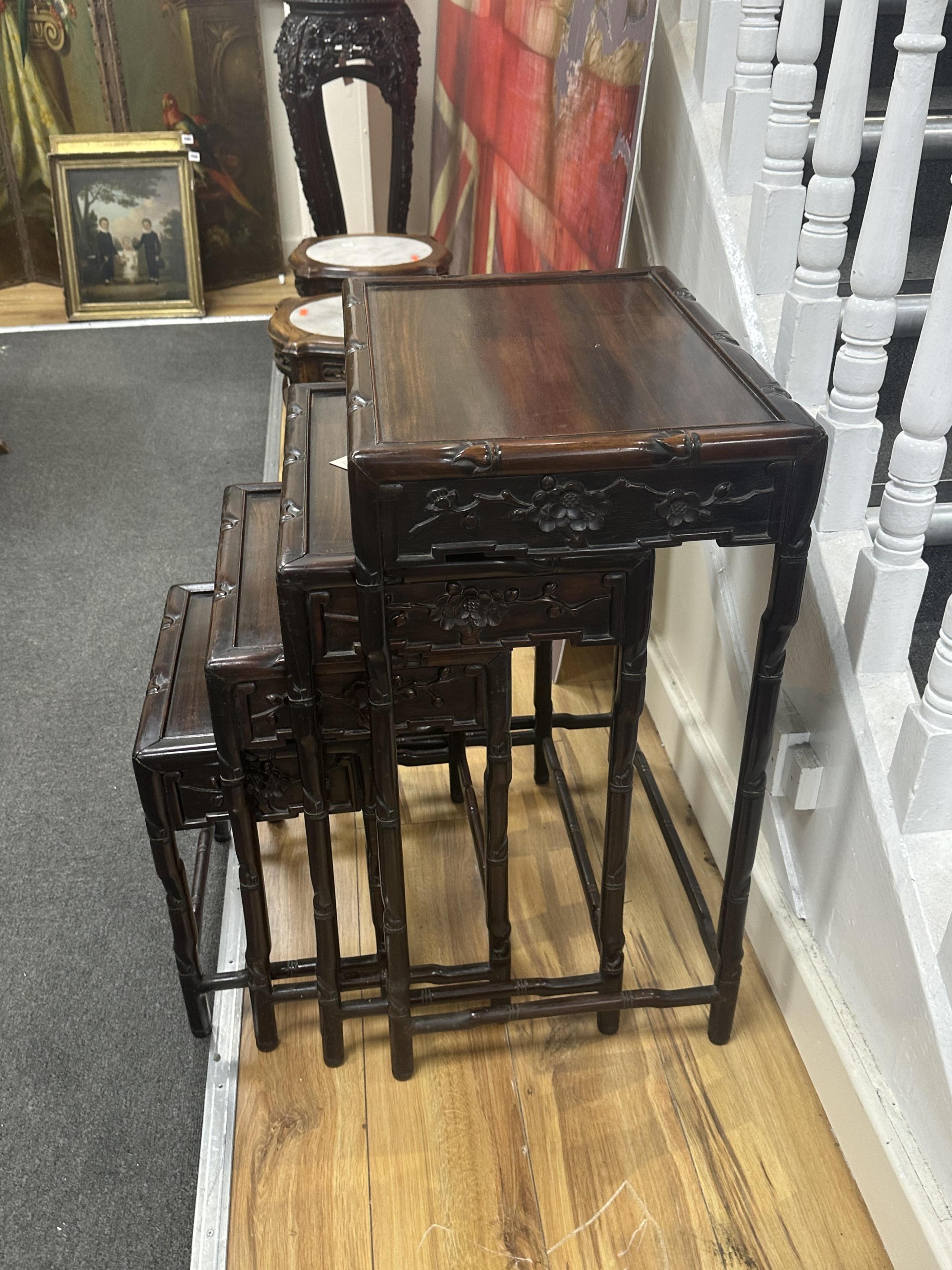 A quartetto of Chinese rectangular hardwood tea tables, width 50cm, depth 36cm, height 72cm. Condition - good